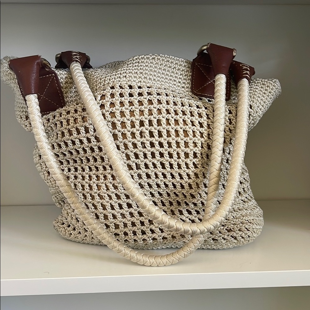 The Sak Cream and Brown Woven Tote Bag with Leather Accents